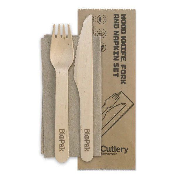 16cm Coated Wooden Knife/Fork/Napkin Set 400/Carton